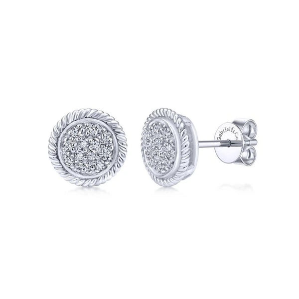 14K White Gold Round Diamond Cluster Stud Earrings with Twisted Rope Frame