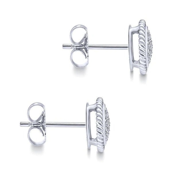 14K White Gold Round Diamond Cluster Stud Earrings with Twisted Rope Frame