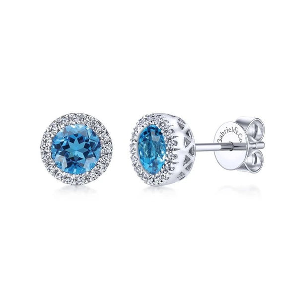 14K White Gold Blue Topaz and Diamond Halo Stud Earrings