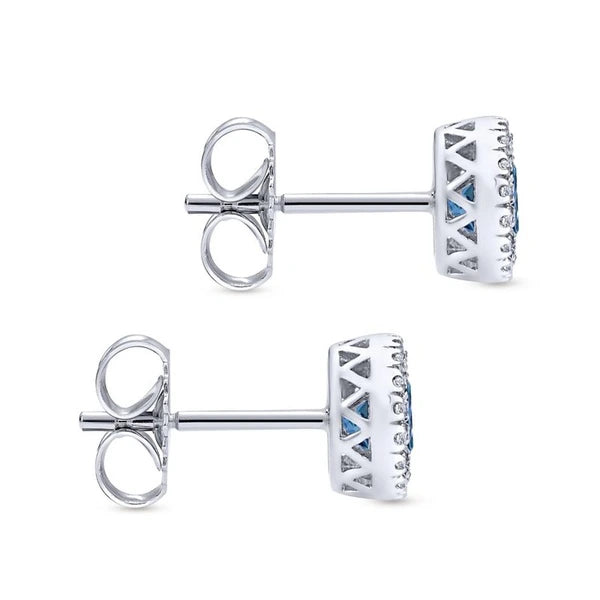 14K White Gold Blue Topaz and Diamond Halo Stud Earrings