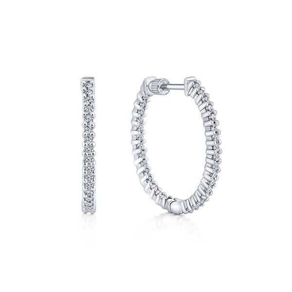 14K White Gold Prong Set Black Rhodiumed 25mm Round Inside Out Diamond Hoop Earrings