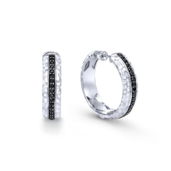 925 Sterling Silver Pave Set 20mm Round Black Spinel Hoop Earrings