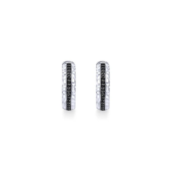 925 Sterling Silver Pave Set 20mm Round Black Spinel Hoop Earrings