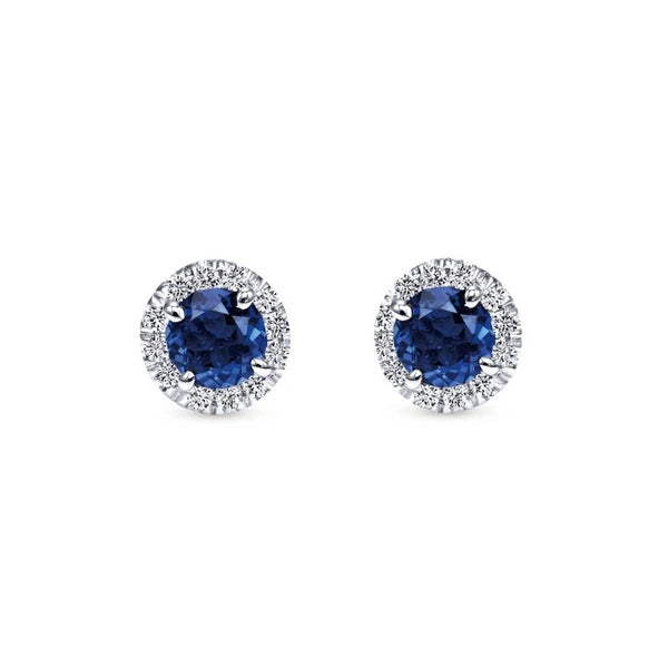 14k White Gold Round Diamond Halo Sapphire Stud Earrings
