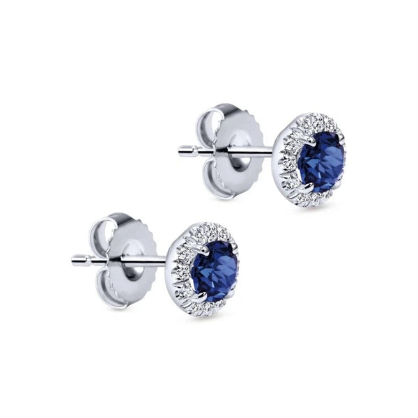 14k White Gold Round Diamond Halo Sapphire Stud Earrings