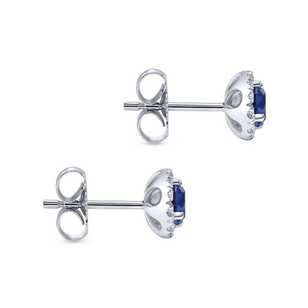 14k White Gold Round Diamond Halo Sapphire Stud Earrings