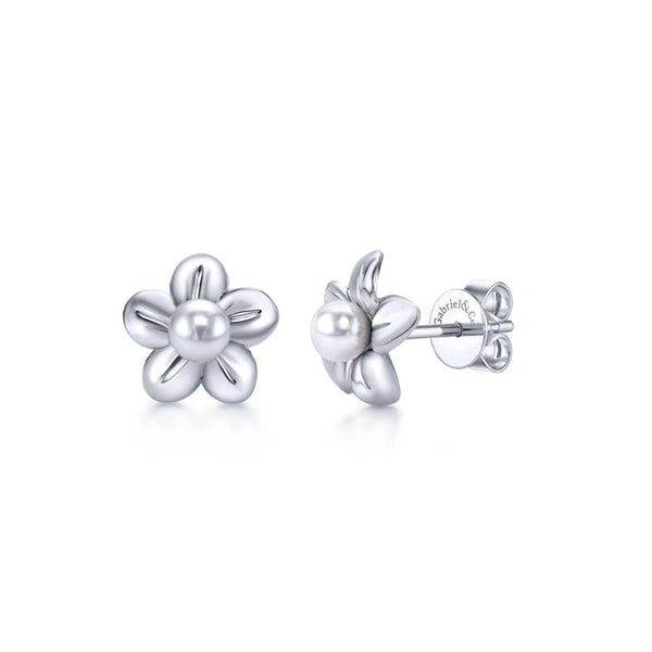 925 Sterling Silver Floral Dainty Cultured Pearl Stud Earrings