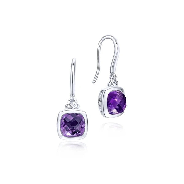 925 Sterling Silver Cushion Bezel Amethyst Drop Earrings