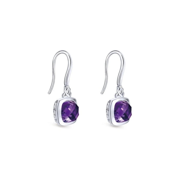 925 Sterling Silver Cushion Bezel Amethyst Drop Earrings