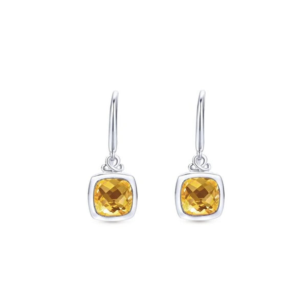 925 Sterling Silver Cushion Citrine Drop Earrings
