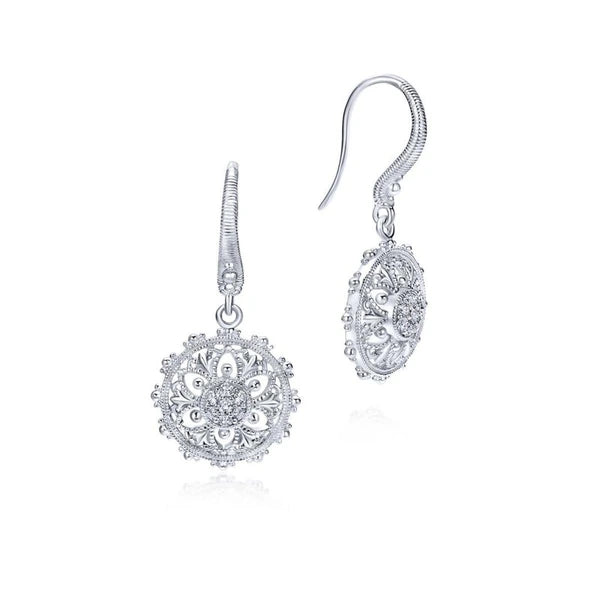 925 Sterling Silver White Sapphire Vintage Inspired Floral Drop Earrings