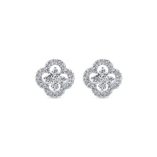 14K White Gold Clover Cutout Diamond Stud Earrings