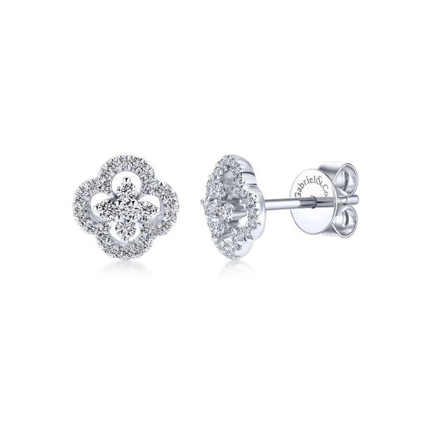 14K White Gold Clover Cutout Diamond Stud Earrings