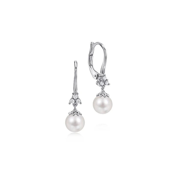 14K White Gold Cultured Pearl Diamond Drop Earrings