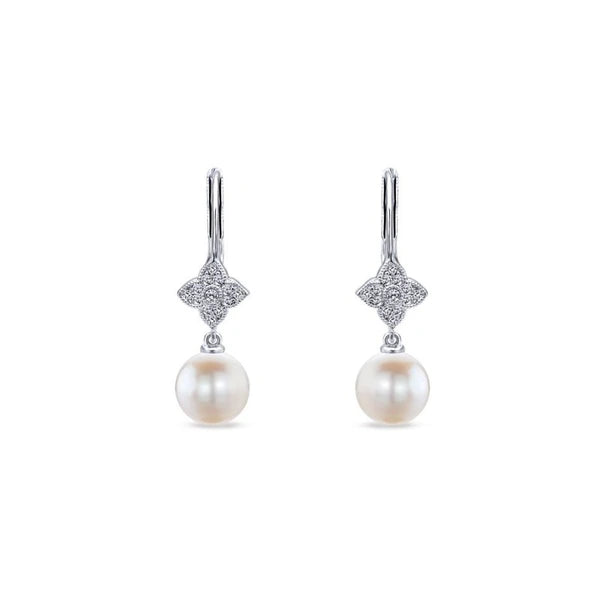 14k White Gold Floral Diamond Pearl Drop Earrings