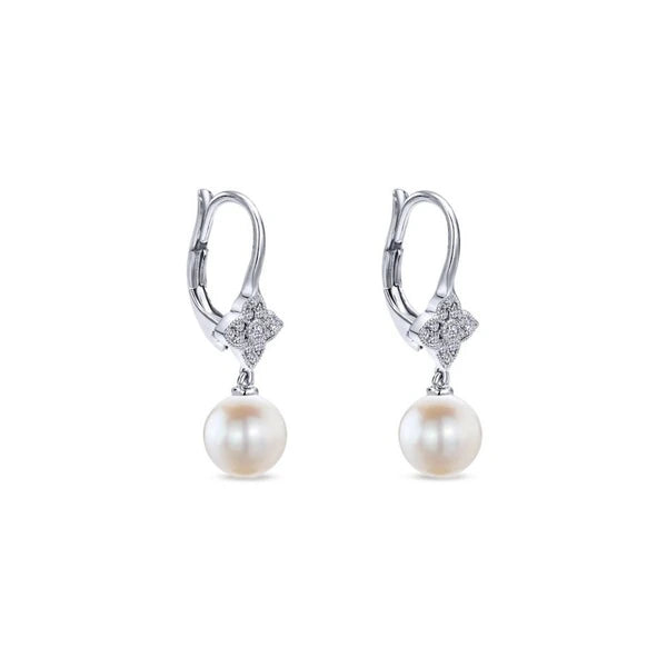 14k White Gold Floral Diamond Pearl Drop Earrings