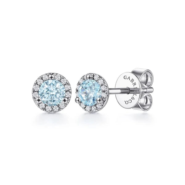 14K White Gold Halo Aquamarine and Diamond Stud Earrings