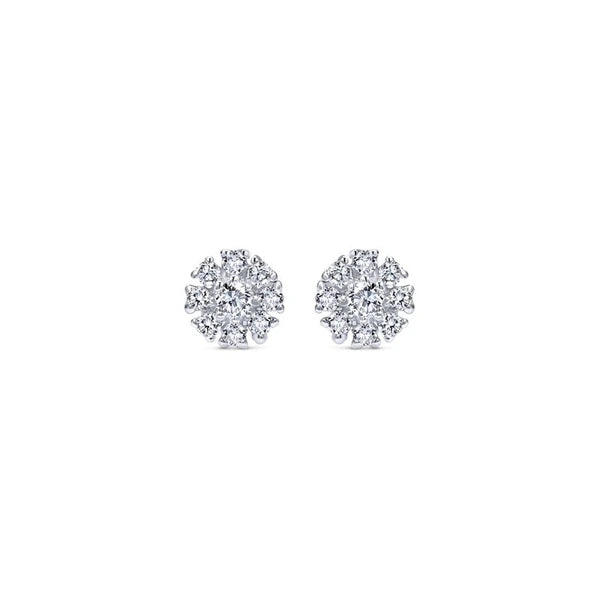 14K White Gold Floral Round Diamond Stud Earrings