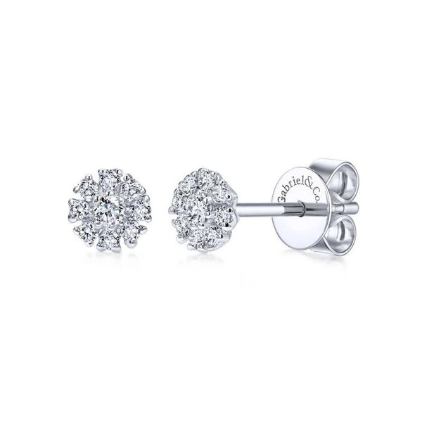 14K White Gold Floral Round Diamond Stud Earrings