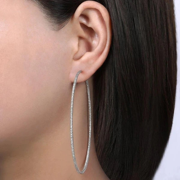 14K White Gold Prong Set 80mm Round Inside Out Diamond Hoop Earrings