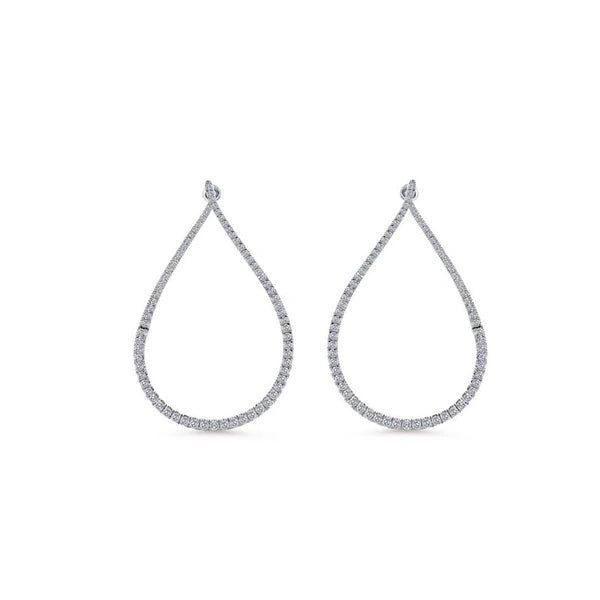 14k White Gold 45mm Intricate Pear Shaped Diamond Hoop Earrings