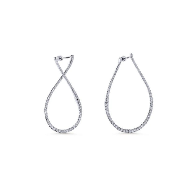 14k White Gold 45mm Intricate Pear Shaped Diamond Hoop Earrings