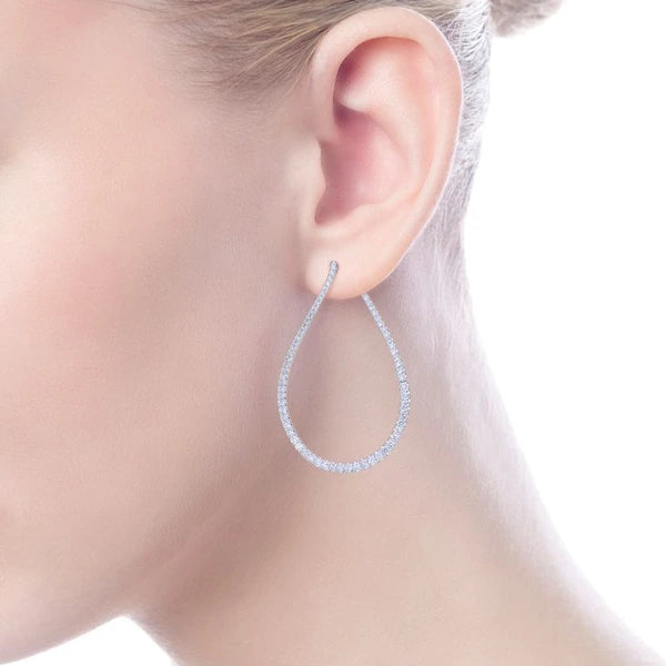 14k White Gold 45mm Intricate Pear Shaped Diamond Hoop Earrings