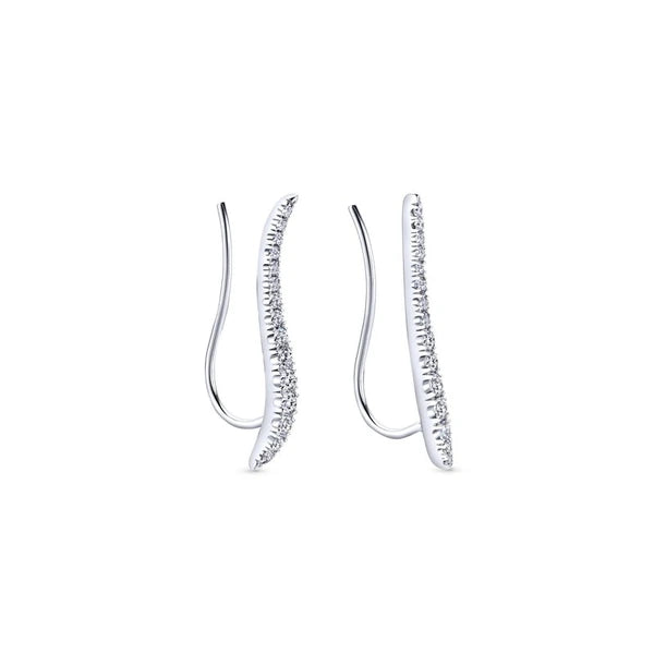 14K White Gold Curving Tapered Diamond Ear Climber Earrings