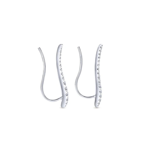 14K White Gold Curving Tapered Diamond Ear Climber Earrings
