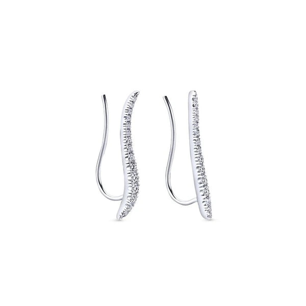14K White Gold Curving Tapered Diamond Ear Climber Earrings