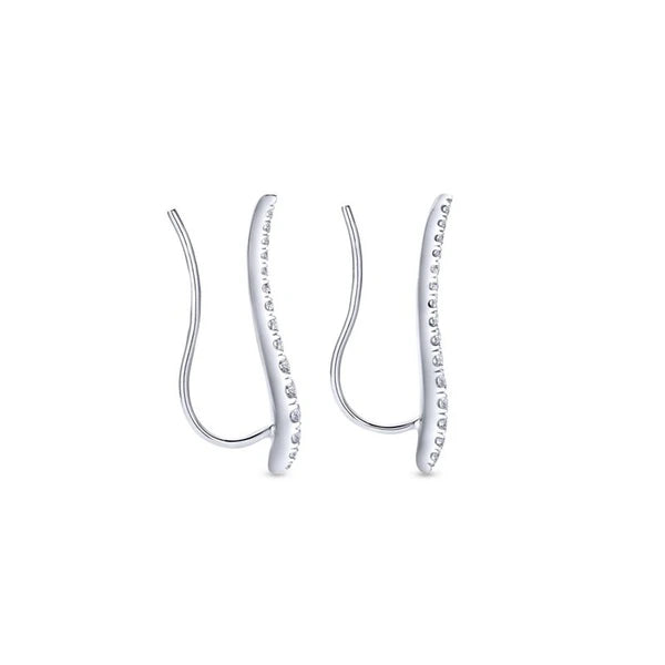 14K White Gold Curving Tapered Diamond Ear Climber Earrings