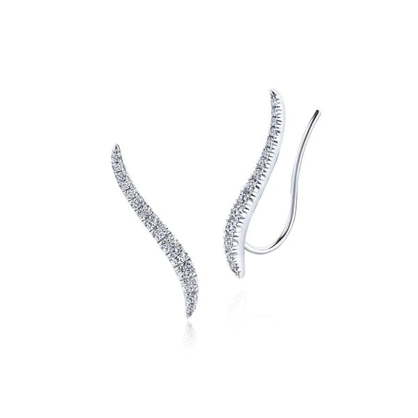 14K White Gold Curving Tapered Diamond Ear Climber Earrings