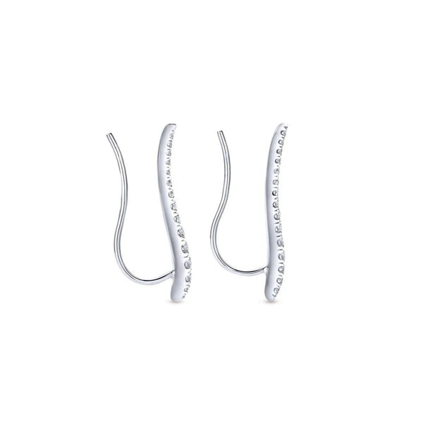 14K White Gold Curving Tapered Diamond Ear Climber Earrings