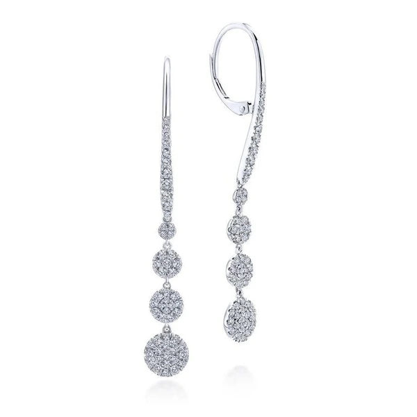 14K White Gold Long Graduating Circle Diamond Drop Earrings