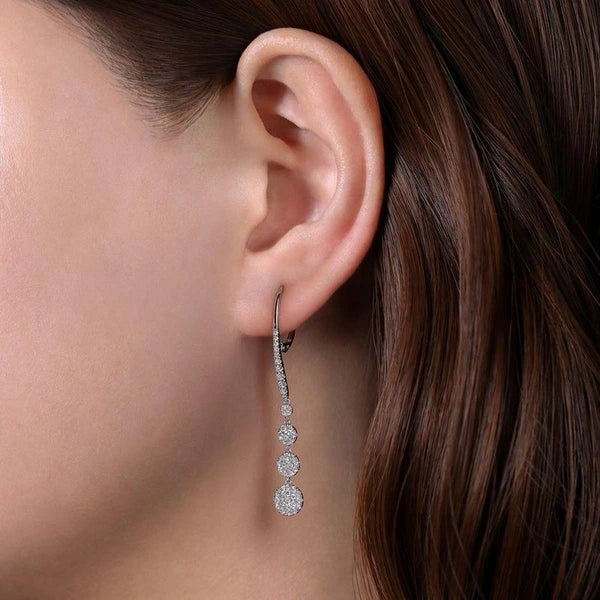 14K White Gold Long Graduating Circle Diamond Drop Earrings