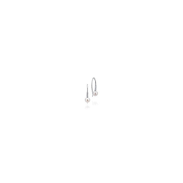 14K White Gold Diamond and Pearl Fish Wire Drop Earrings