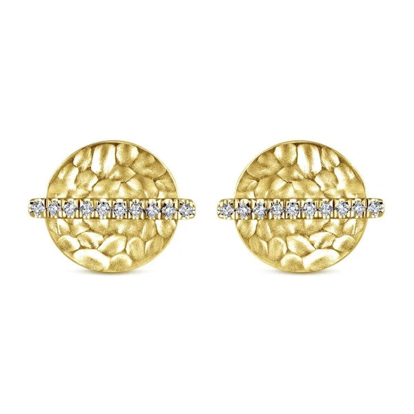 14k Yellow Gold Diamond Pave and Hammered Stud Earrings