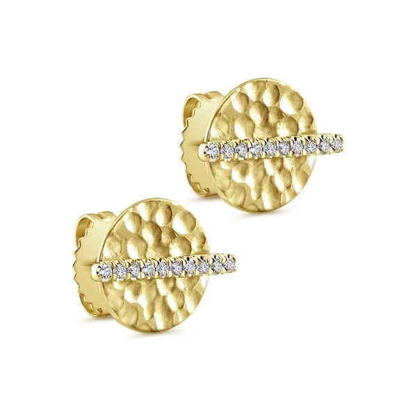 14k Yellow Gold Diamond Pave and Hammered Stud Earrings