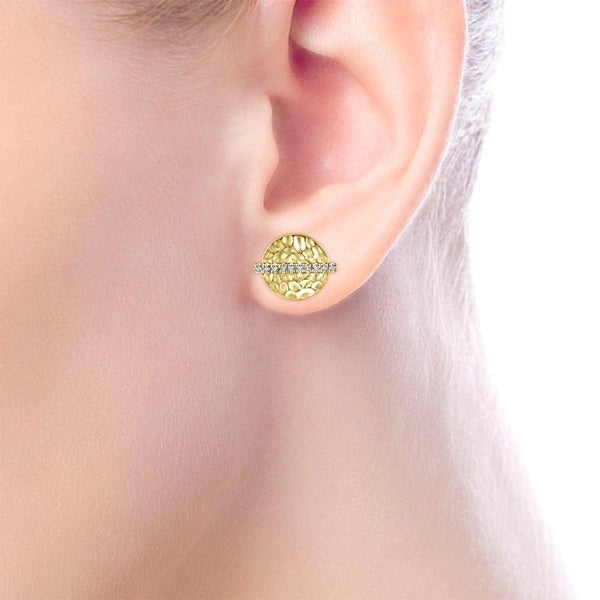 14k Yellow Gold Diamond Pave and Hammered Stud Earrings
