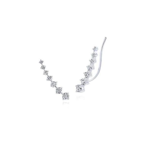 14K White Gold Graduated Round Diamond Ear Climber Earrings