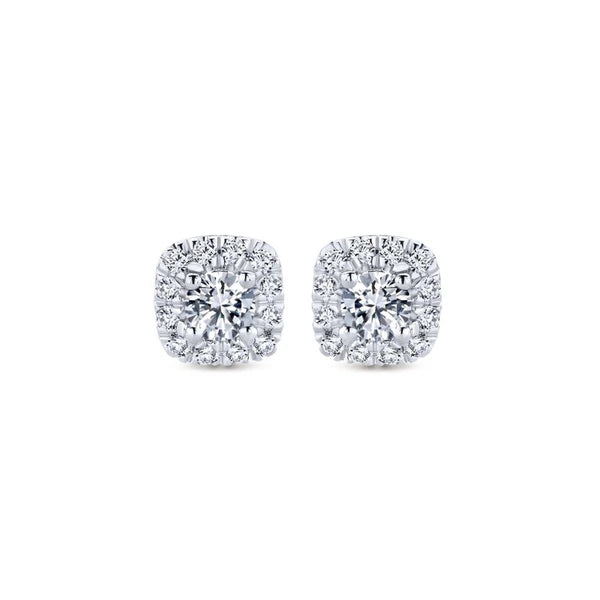 14K White Gold Cushion Halo Round Diamond Stud Earrings