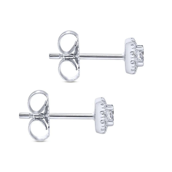 14K White Gold Cushion Halo Round Diamond Stud Earrings