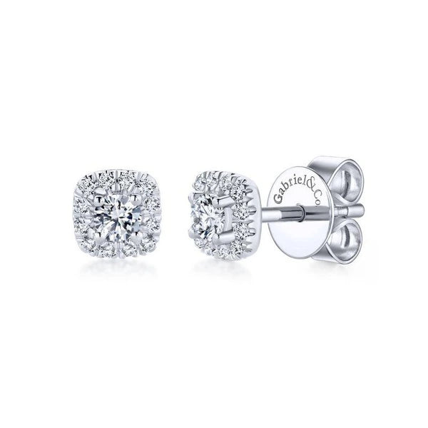 14K White Gold Cushion Halo Round Diamond Stud Earrings