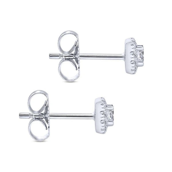 14K White Gold Cushion Halo Round Diamond Stud Earrings
