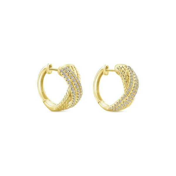 14K Yellow Gold Twisted 10mm Diamond Huggie Earrings