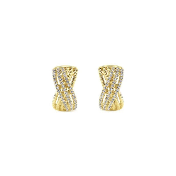 14K Yellow Gold Twisted 10mm Diamond Huggie Earrings