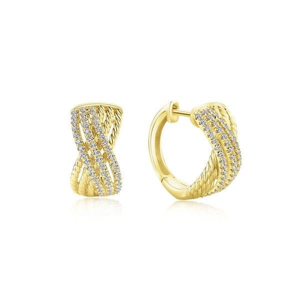 14K Yellow Gold Twisted 10mm Diamond Huggie Earrings