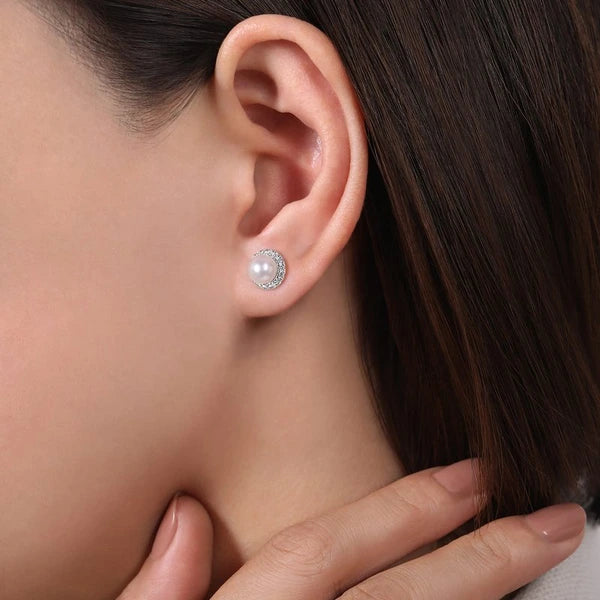 14K White Gold Round Diamond Halo Pearl Stud Earrings