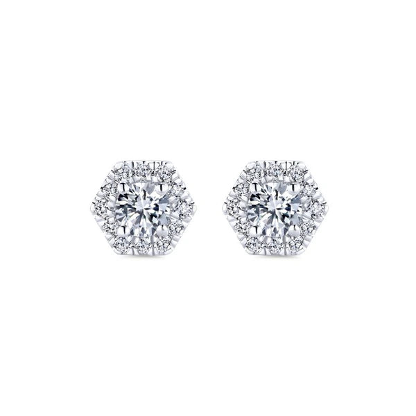 14k White Gold Hexagonal Diamond Halo Stud Earrings