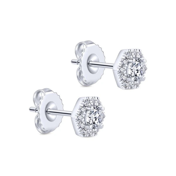 14k White Gold Hexagonal Diamond Halo Stud Earrings